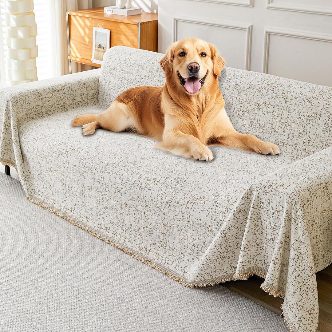 Boho Anti-Slip Couch Cover Soft Pet-Friendly Sofa Cover for Dog Chenille Multi-use Furniture Protector Cover Washable (Yuqing-Khaki, 91"*134")