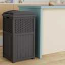 Suncast 33 Gallon Wicker-Style Hideaway Trash Can with Secure Latching Lid and Weather-Resistant Construction for Patio, Cyberspace Grey, Made in The USA