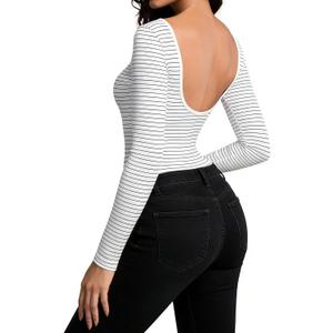 Long Sleeve Backless Black Bodysuit Stripe Tops Shirts Open Back Slim Fit Croop Neck Going Out Sexy Basic Tops White, X-Large