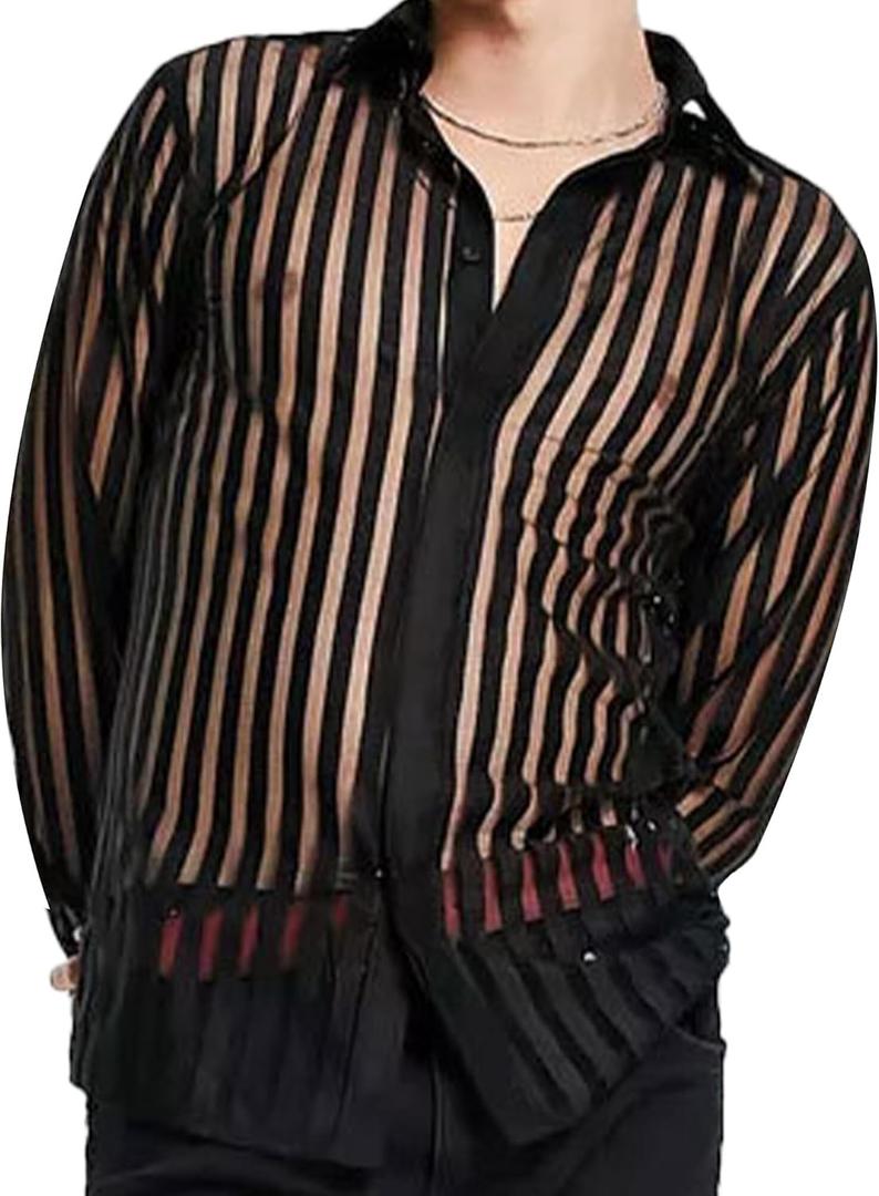 Panegy Men's Sheer Top Disco Rave Festival Outfits Rock Bands Nightclub Party Tee Shirts Blouse 70s Streetwear (Black 1), Small