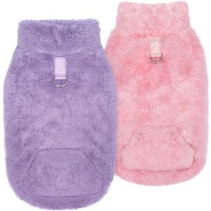 Idepet Fleece Dog Sweater Vest 2 Pack, Small Dog Clothes Sleeveless with Leash Ring and Pocket, Warm Puppy Sweatshirt Pet Cold Weather Pullover for Cats (Pink+Purple, X-Large)