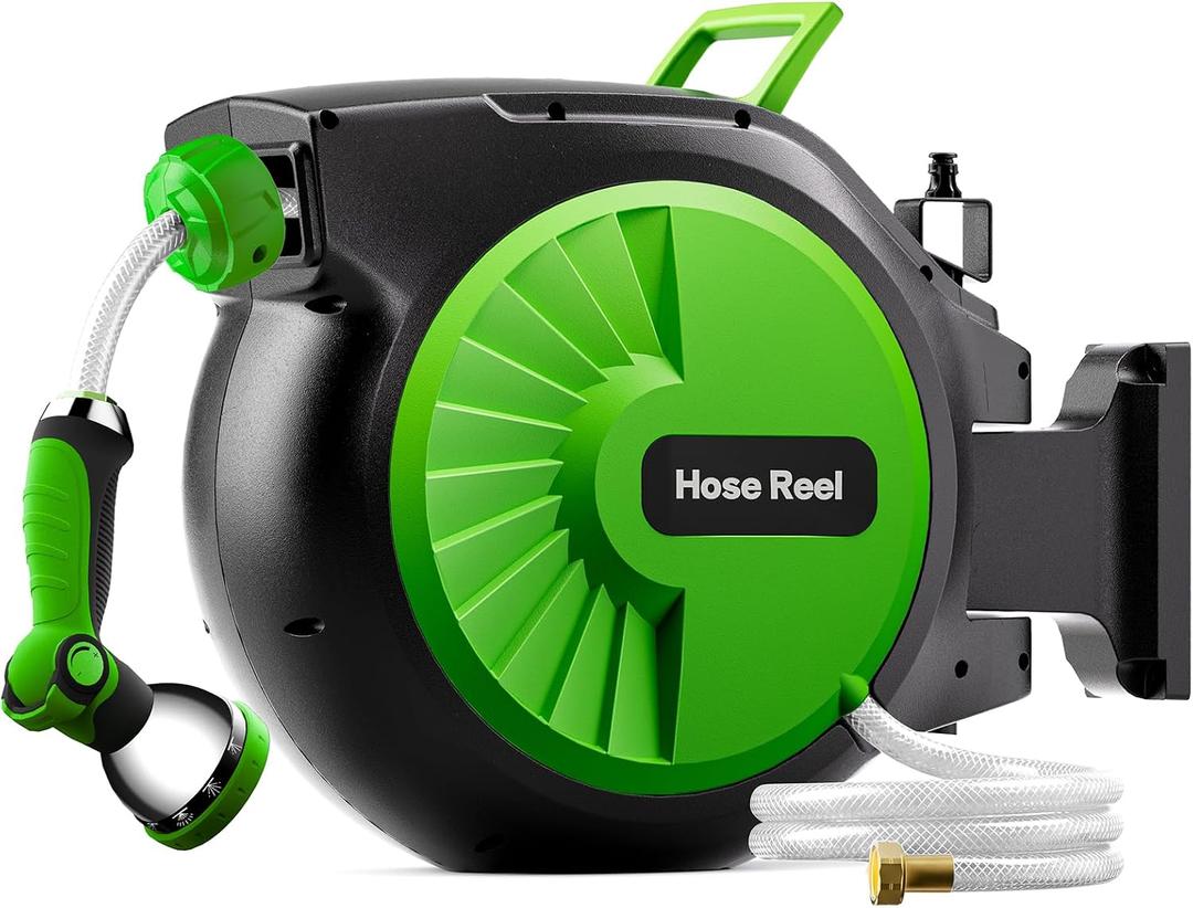 Retractable Garden Hose Reel 100FT x 1/2 in, Wall Mount Water Hose Reel for Outside with Auto Rewind, Tangle-Free Guide, 180 Swivel Bracket, Lock at Any Length, High-Pressure Flow, 10-Pattern Nozzle