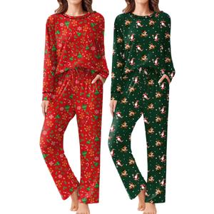 Ekouaer 2 Pack Women Pajama Long Sleeve Sleepwear Soft Loungewear Pjs Sets with Pockets Red Gingerbread Man/Green Santa Medium