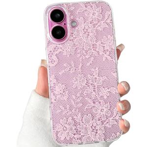 Lovmooful Compatible for iPhone 16 Plus Case Clear Cute Flower Floral Leaf with Romantic Lace Design for Girls Women Soft TPU Shockproof Protective Girly for iPhone 16 Plus Case-Pink