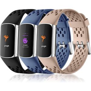 Maledan Compatible with Fitbit Charge 5/ Fitbit Charge 6 Bands Women Men, Breathable Sport Band Soft Waterproof Replacement Wristbands Strap for Fitbit Charge 5/ Charge 6 Advanced Fitness Tracker (Milk Tea/ Black/ Blue Gray)