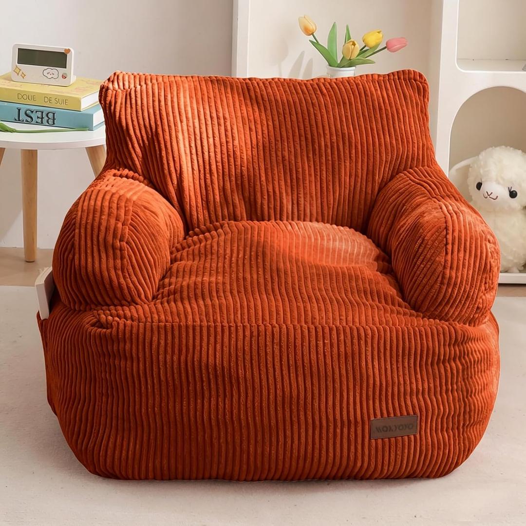 MAXYOYO Kids Bean Bag Chair, Stuffed Toddler Bean Bag Sofa with Filler Cozy for Boys and Girls, Lazy Sofa with Pocket Floor Chair for Gaming, Reading, Orange