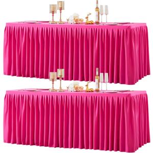 2 Packs Hot Pink Tableclothes for 8 Foot Rectangle Tables, Wrinkle Free Fitted Table Cloth 8ft Stretch Table Cover with Skirt for Parties Weddings Birthday Banquet Baby Shower