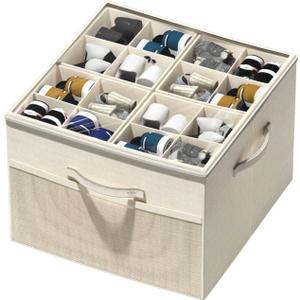 Aokeyee Shoe Organizer for Closet,Foldable Shoe Storage Organizer Box Bin with Adjustable Dividers and Clear Cover, Fits up to 16 Pairs (Beige)