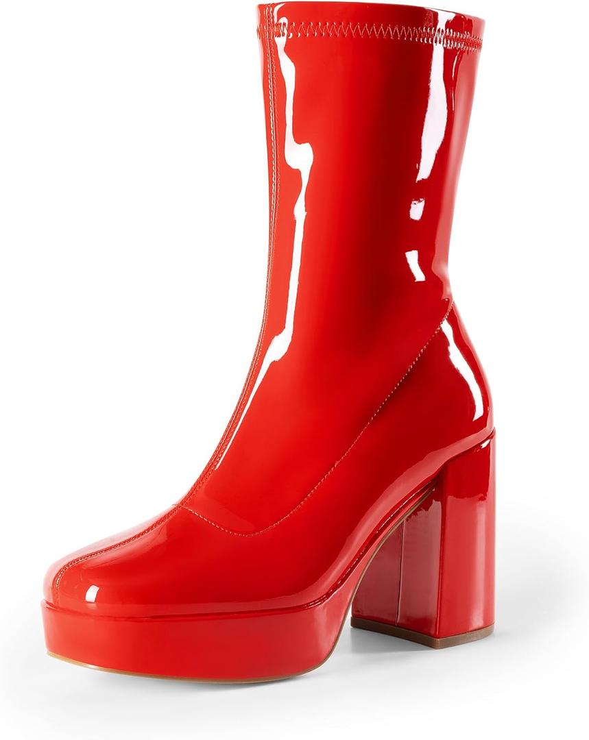 DREAM PAIRS Women's Mid Calf Gogo Boots Platform High Chunky Block Heel Square Toe Ankle Boots (7.5, Red-Pat)