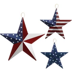 Funrous 3 Pcs Memorial Day Decorations Outdoor 12'' 8'' and 6'' Patriotic Metal Stars American Flag Stars 3D Wall Art Decor 4th of July Barn Star for Home Porch Yard