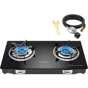 2 Burner Propane Stove 27,200 BTU High-Efficiency Tempered Glass Auto-Ignition Gas Burner Stove Top with CSA Hose for Outdoor RV Camping Emergency Cooking (Black)