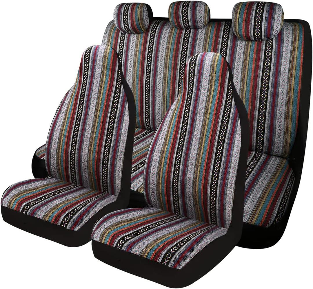 Baja Saddle Blanket Car Seat Covers 7PCS Full Set, Breathable and Washable Striped Woven Automotive Vehicle Seat Cover, Universal Seat Cover for Sedan, SUV, Airbag Compatible