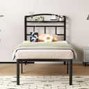SHOANED 18 Inch Metal Bed Frame - Twin Size Black Heavy Duty Bedframe Platform Basic Mattress Foundation with Headboard & Charging Station No Box Spring Needed/Easy Assembly/Noise-Free