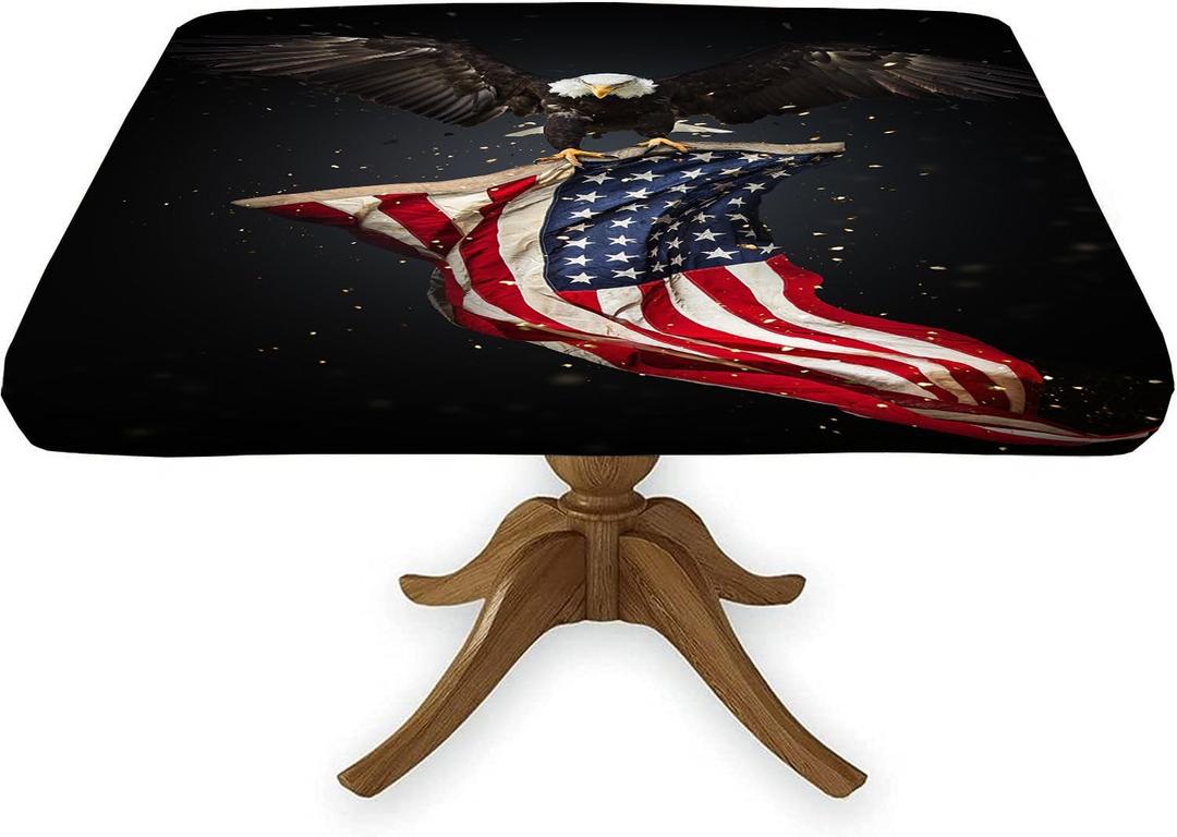Square Fitted American Flag Tablecloths, Flying Bald Eagle USA Flags Elastic Edge Table Cover, Stain Resistant Washable Table Clothes for 4th of July Independence Day Use, Fits 36x36 Inch Table