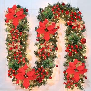 Christmas Garland,Christmas Garland with Lights Battery Operated,9 ft Rattan Artificial Flower Vine Plants Xmas Decorations for Indoor Outdoor Home Mantel Fireplace Stairs