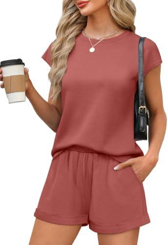 WIHOLL 2 Piece Sets for Women Casual Summer Travel Vacation Outfits Cap Sleeve Shorts Lounge Set, S