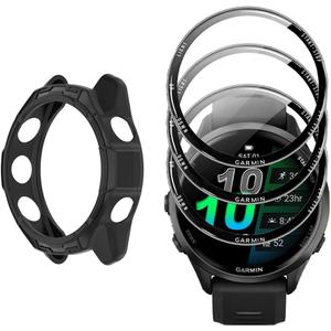 Watch Screen Protector +Watch Case Cover for Garmin Forerunner 570 42mm, [3-PCS] 3D Tempered Glass Film & TPU Bumper, Anti-Scratch, Bubble-Free, HD Clear, Shockproof Protection (Black)