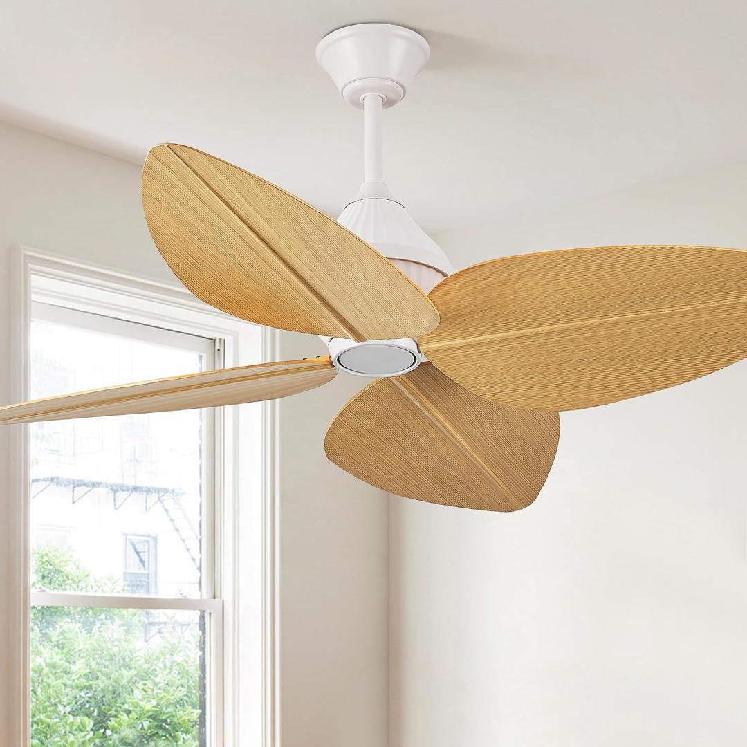 52" Ceiling Fan Without Lights, Tropical Ceiling Fans with APP and Remote Control, Indoor Palm Leaf Ceiling Fans for Living Room Bedroom Patios (Light Wood Grain), 52IN without Light
