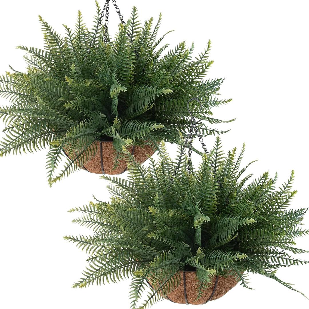 Fake Ferns Hanging Baskets,2PCS Artificial Hanging Plants Outdoor, 2 Hanging Planters with 24 Pcs Fake Ferns for Indoor Outside Decorations for Front Porch Garden Balcony Patio Home Decor (2, Green)