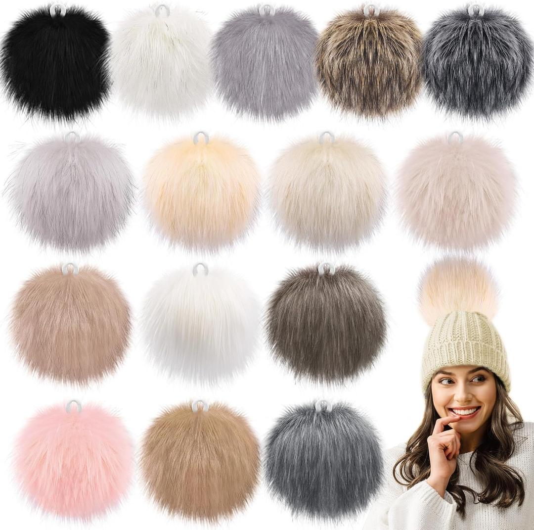 SIQUK 15 Pieces Faux Fur Pom Pom Balls 6 Inch Large Fluffy Faux Fox Pom Pom with Elastic Loop for Knitting Hat Gloves Scarves Crafts Accessories (Soft Color)