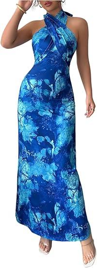 Floerns Women's Tie Dye Criss Cross Halter Dress Sleeveless Bodycon Maxi Prom Dresses M