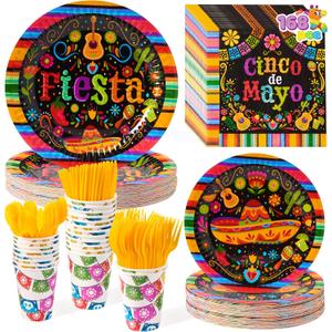 JOYIN 168 Pcs Fiesta Party Decorations, Mexican Theme Paper Plates and Napkins Set for 24 Guests, Cinco De Mayo Colorful Mexico Platters Tableware Set, Mayo Dance Pinata Taco Colorful Theme Party