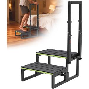 2 Step Stool with Handle for Elderly,Bed Steps for High Beds for Adults,Seniors,Heavy Duty Step Stool with Adjustable Handrail/Removable Cover/Glow Strip for Bathtub,Kitchen,RV