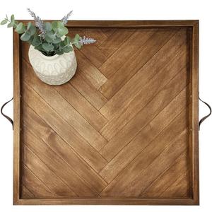 Large Square Ottoman Tray 24.5"x24.5", Wooden Ottoman Trays with Leather Handles, Rustic Decorative Storage Tray for Ottoman