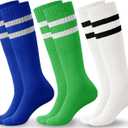 Haloumoning 3 Pairs Boys Soccer Athletic Socks Kids Striped Football Knee High Uniform Sports Tube Socks 4-15 Years (S)