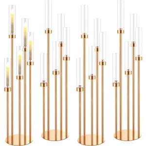 Tessco for you 5 Arm Candelabra Centerpieces for Tables 42.5'' Tall Floor Candle Holder Metal Candlestick Stand with Acrylic Lampshade for Wedding Holiday Birthday Party Decor(Gold,4 Set)