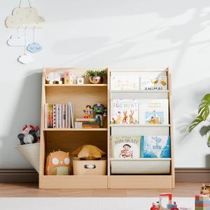 Kids Bookshelf Wooden 3-Tier, Toddler Montessori Bookshelf, Wood 3 Tier/Storage Bag