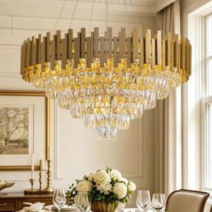 32-inch Crystal Chandelier 15-Light Large Gold Dining Room Light Fixture 6 Tiers Crystal Chandelier Round Pendant Light for Kitchen Island Living Room Bedroom Entryway Foyer, Gold D 31.5''