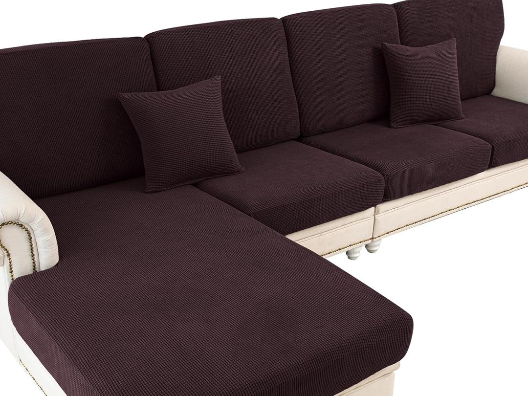 Couch Cushion Covers for Sectional Sofa L Shape Washable Separate Seat Chaise Couch Cover Stretch Sofa Slipcovers with 2 Pcs Pillowcases(3 Seater + 1 Chaise, Brown)