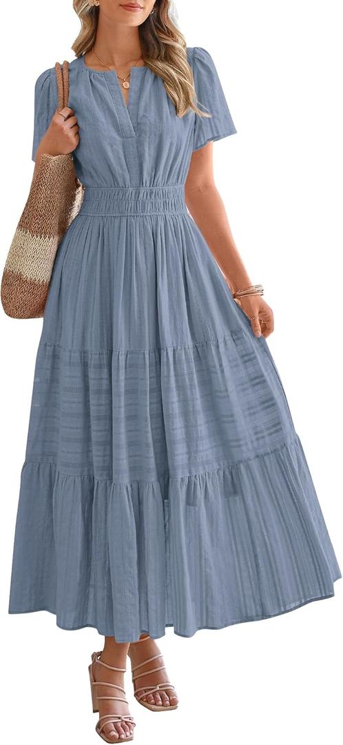 BTFBM Womens Summer 2026 Casual Midi Maxi Dresses Lightweight Short Sleeve V Neck Elastic Waist Boho Beach Dress Pockets (Blue Grey)
