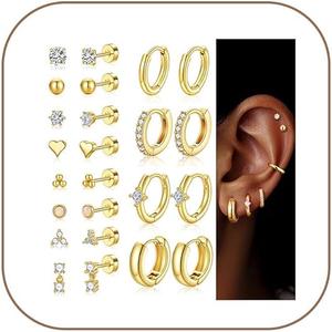 Turandoss Huggie Hoop Earrings Sets for Women, 14K Gold Plated Small Stud Earring Hypoallergenic Cartilage Huggie Hoop Stud Flat Back Gold Earrings Stacks for Multiple Piercings Jewelry Gifts