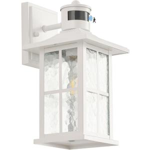 FLEDAVID Motion Sensor Outdoor Wall Light Fixtures Dusk to Dawn Exterior Porch Lantern White Outside Sconce Lighting Rustic Wall Mount Lamp with Water Ripple Glass for House Garage Patio Entryway