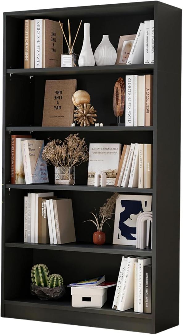 Tall Bookshelf, 60 Inches Tall Anti-Tipping Snap Design Bookcase, 5 Shelf Removable Shelves, Large-Capacity Book Case for Office Bedroom Living Room Study, Black