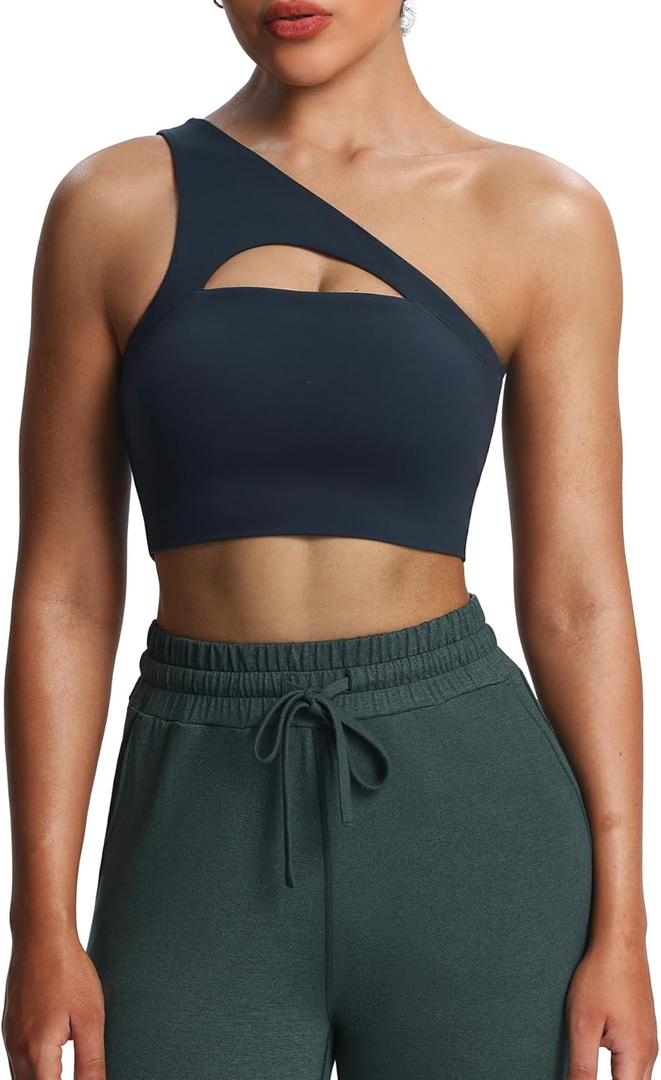 Aoxjox Women's Workout Sports Bras Fitness Gym Olivia Asymmetric One Shoulder Bra Yoga Crop Tank (Medium, Blueberry)