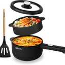 Dezin Electric Cooker, 2L Non-Stick Saut Pan, Rapid Noodles Cooker, Mini Pot for Steak, Egg, Fried Rice, Ramen, Oatmeal, Soup with Power Adjustment, College Dorm Room Essential(Egg Rack Included) (Round - E(Black/with Steamer)