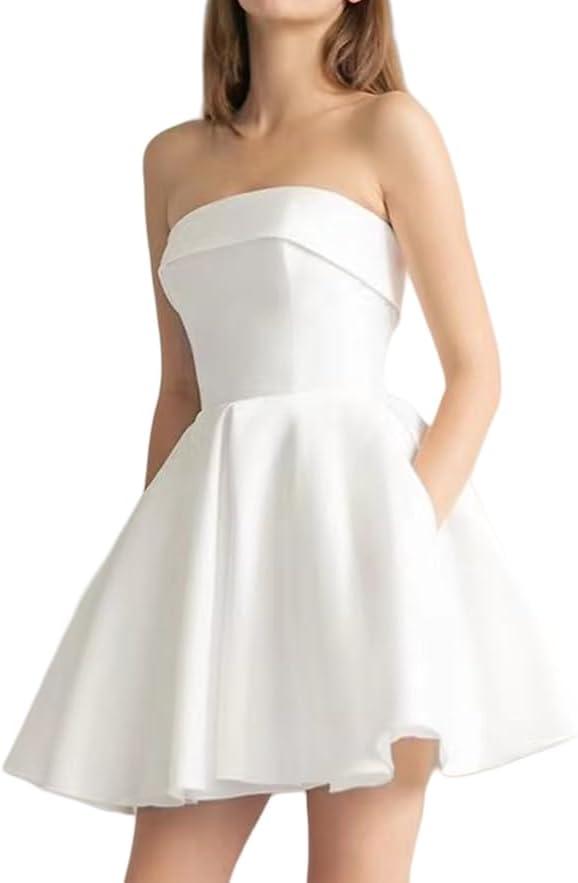StarRovelex Women's White Wedding Cocktail Dress Satin Short Strapless Homecoming Party Prom Formal Dresses for Girls Elegant puffy Evening Gowns Bridesmaid Wedding Guest Dress White 10