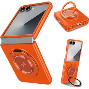 For Samsung Galaxy Z Flip 7Rotate Ring Magnetic Protection Shockproof Cover CaseFoldable Slim Case Compatible with Samsung Galaxy Z Flip 7 (Orange)