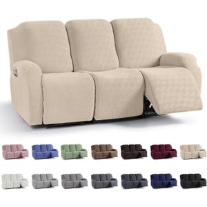 KinCam Recliner Covers, Stretch Reclining Chair Covers, Recliner Sofa Slipcovers Stripe Jacquard Recliner Couch Covers Furniture Protector Covers for Pet Kid (3 Seater, Vanilla)