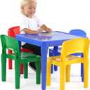 Humble Crew Kids Plastic Table and Chair Set, Toddler Activity Table with 4 Chairs, Lightweight Easy-Clean Kids Desk for Play, Snacks-Crafts, Indoor Outdoor Playroom Furniture, Blue/Primary