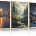 BICERE Large Modern City Moon Framed Canvas Wall Art, Forest Misty Wall Decor, Winter Town Night Wall Painting, Nature Landscape Picture Artwork for Living Room, Bedroom, Dining Room, Office, 24"x36"x3