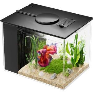 Vehipa Betta Fish Tank 1 Gal (3.7L), Acrylic Nano Aquarium Kit with Water Filter Pump & LED Light, Ideal for Small Fish, Shrimp and Plants, Black