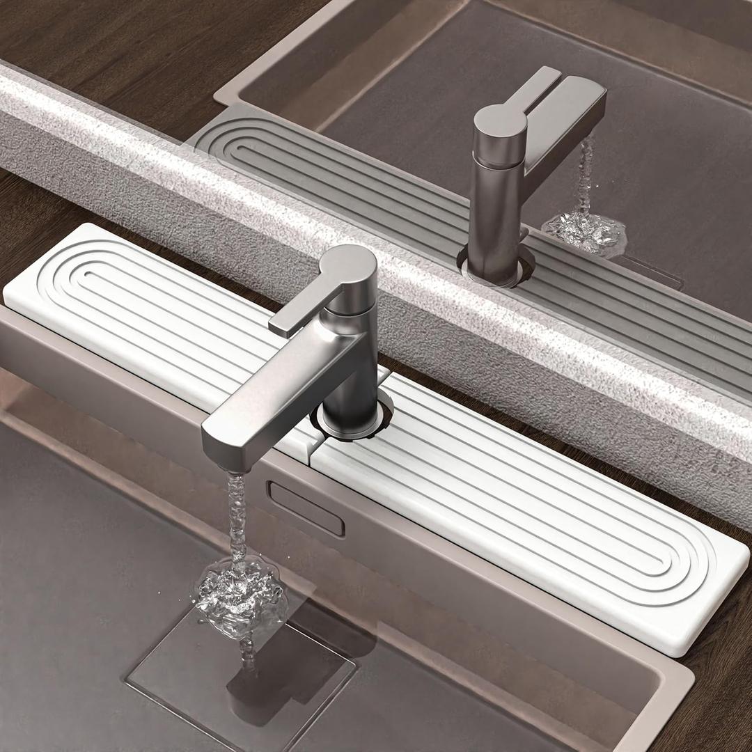 Faucet Mat for Kitchen Sink - Super Absorbent Diatomite Fast Drying Stone, Quick Drying Splash Guard,Prevents Moisture Buildup Sink, Durable Protector for Kitchen,Bathroom Counter (23.6" x 3.9", White)