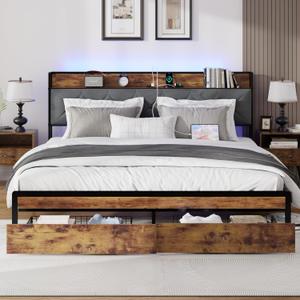 King Size Metal Platform Bed Frame with 2 Storage Drawers, LED Light, Velvet Headboard with USB Port - Heavy Duty, Brown Wooden Panel, No Box Spring Needed - King Bed Frame with Storage (Brown, King)