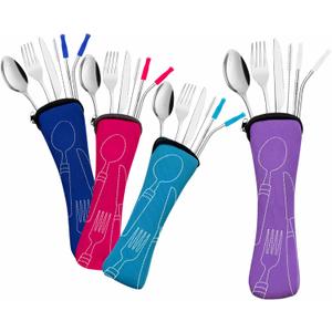 Travel Utensils Set with Case 4 Pack, Reusable Stainless Steel Portable Cutlery (Fork, Spoon, Knife, Straws & Cleaner) for Work, Dorm, Camping, Lunch Box, Compact Durable Silverware by Ecoberi (Multicolor)
