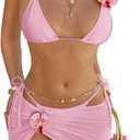 OYOANGLE Women's 3 Piece 3D Floral Cheeky Bikini Set Triangle String Thong Swimsuit with Cover Up Skirt (Pink)