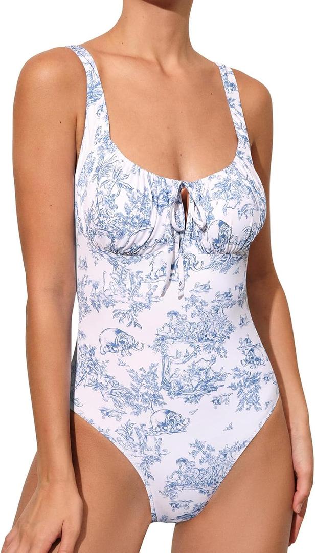 BERLOOK Womens One Piece Swimsuits Floral Push Up Bathing Suit Sexy Tie Slimming Swimsuits for Women Swimwear (Large, Blue)